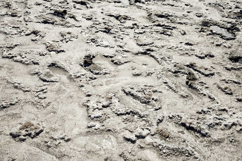 The crust of salt on the bottom of the curative mud dry lake. Taman, Krasnodar Krai, Russia
