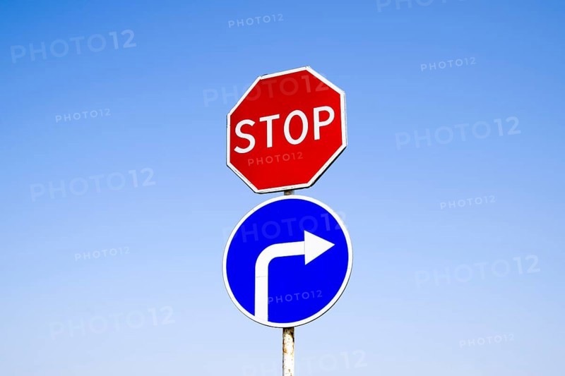 The road sign is stop. sign turn right. Krasnodar, Russia