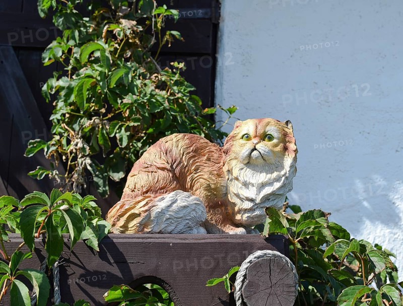 Toy cat on the fence. Taman, Krasnodar Krai, Russia