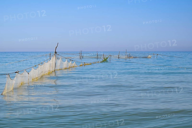 Fishing nets set in the sea. Golubitskaya, Russia