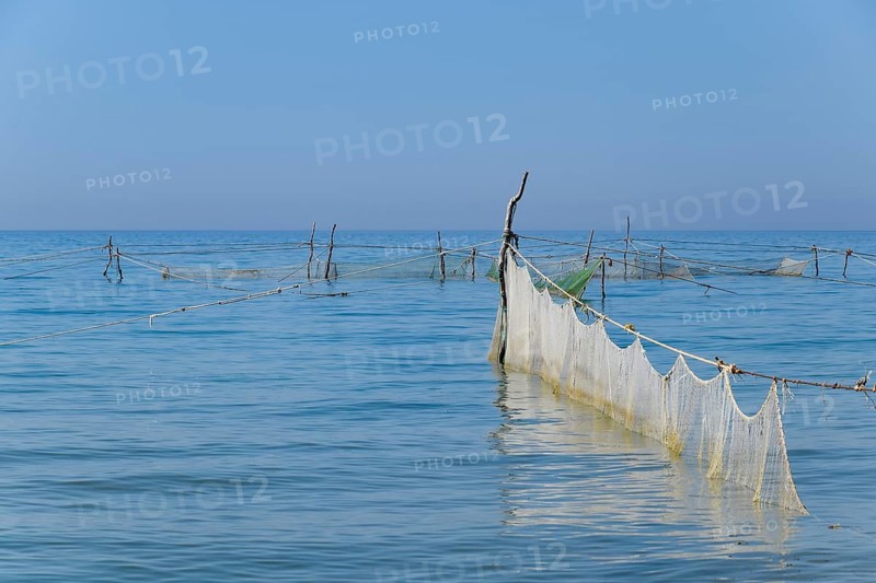 Fishing nets set in the sea. Golubitskaya, Russia