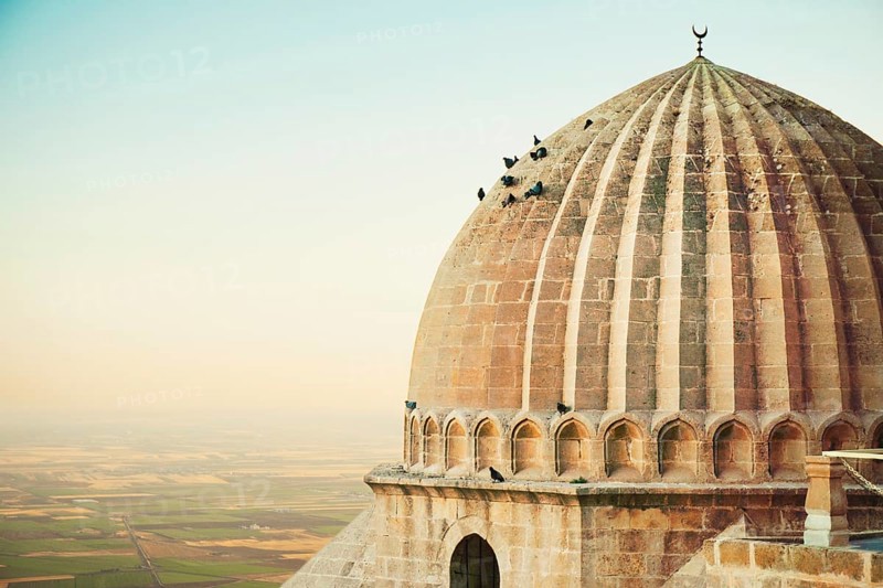 Historic dome of Ulu Cami mosque with pigeons perched, overlooking Mesopotamian plains in Mardin, southeastern Turkey heritage site