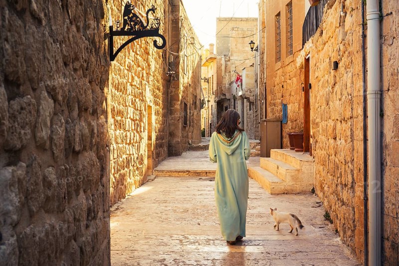 Woman in traditional abaya walking with cat through narrow stone alley in historic city of Mardin Turkey with ancient architecture