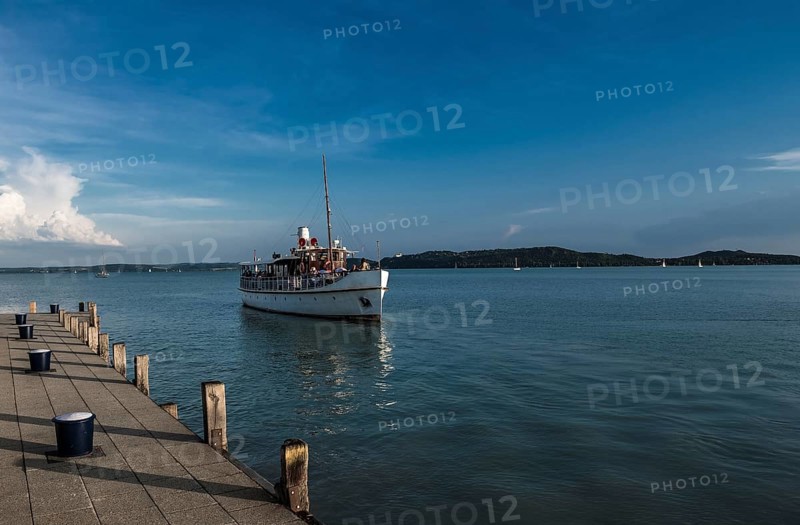 Ferry Ship approaches Harbor on Lake Balaton in Hungary