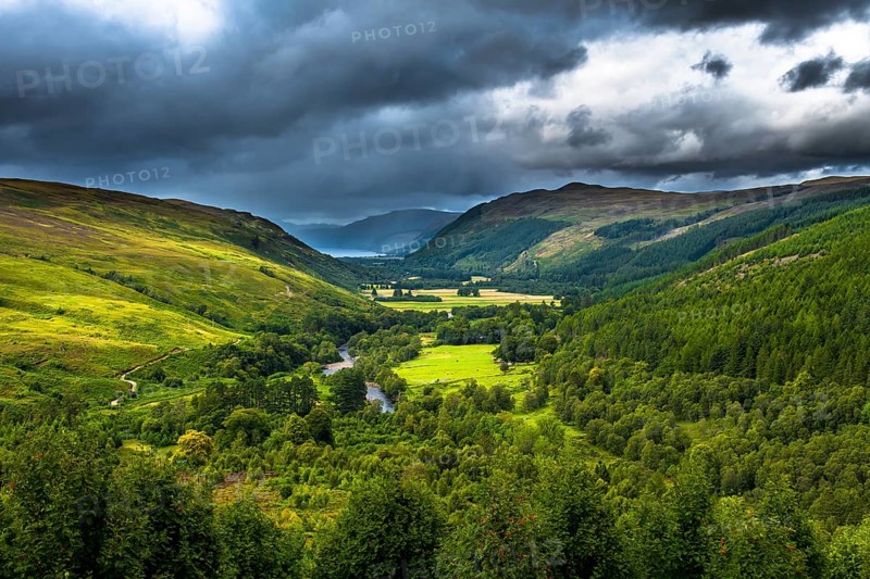 Corrieshalloch Gorge National Nature Reserve With River Through Pasture Valley And Loch Broom In Scotland, United Kingdom