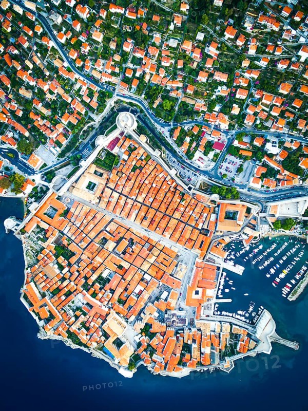Aerial view down to historical Dubrovnik city in Croatia