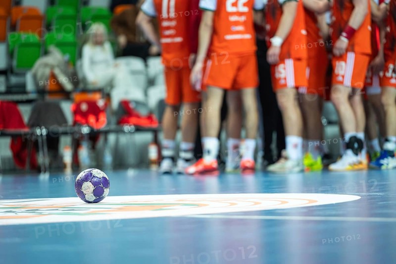 The ball on the court during a break of the handball match. Lubin, Poland