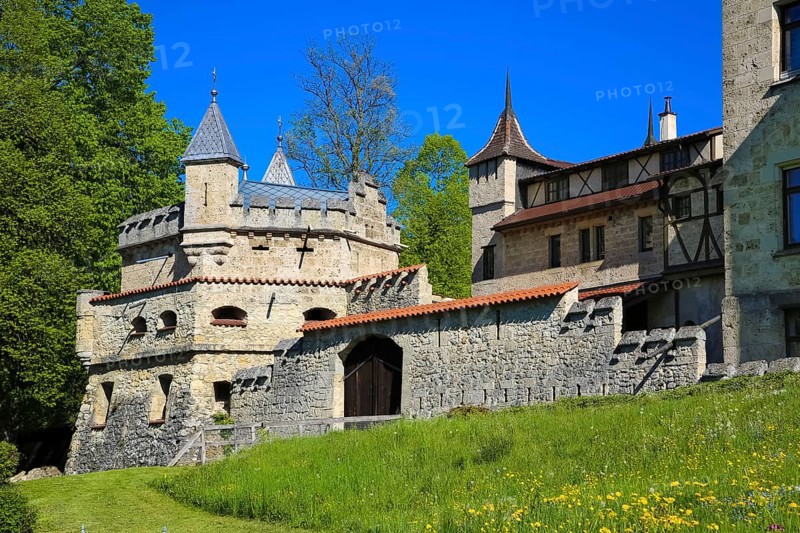 Eugenien Bastion, Lichtenstein Castle, fairytale castle of Württemberg, romantic fairytale castle on the eaves of the Swabian Alb, historicism, architecture, new building 1840-1842, according to plans by the architect Carl Alexander Heideloff, 19th century, Honau, municipality of Lichtenstein, Baden-Württemberg, Germany
