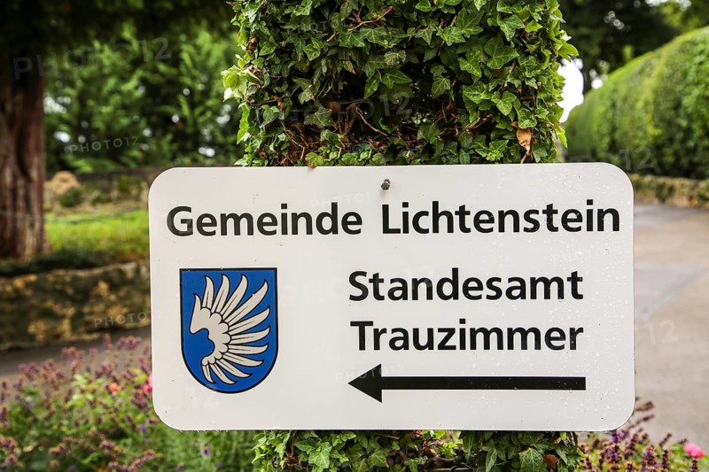 Sign of the municipality of Lichtenstein, coat of arms, registry office wedding room at Lichtenstein Castle, Honau, municipality of Lichtenstein, Baden-Württemberg, Germany