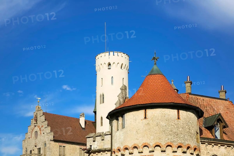 Lichtenstein Castle, Mathildenturm, fairytale castle of Württemberg, romantic fairytale castle on the eaves of the Swabian Alb, historicism, architecture, new building 1840-1842, according to plans by the architect Carl Alexander Heideloff, 19th century, Honau, municipality of Lichtenstein, Baden-Württemberg, Germany