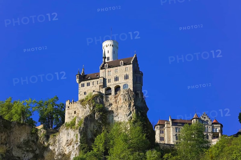 Lichtenstein Castle, fairytale castle of Württemberg, romantic fairytale castle on the eaves of the Swabian Alb, historicism, architecture, new building 1840-1842, according to plans by the architect Carl Alexander Heideloff, 19th century, Honau, municipality of Lichtenstein, Baden-Württemberg, Germany