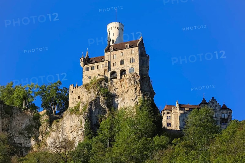 Lichtenstein Castle, fairytale castle of Württemberg, romantic fairytale castle on the eaves of the Swabian Alb, historicism, architecture, new building 1840-1842, according to plans by the architect Carl Alexander Heideloff, 19th century, Honau, municipality of Lichtenstein, Baden-Württemberg, Germany