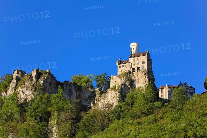 Lichtenstein Castle, fairytale castle of Württemberg, romantic fairytale castle on the eaves of the Swabian Alb, historicism, architecture, new building 1840-1842, according to plans by the architect Carl Alexander Heideloff, 19th century, Honau, municipality of Lichtenstein, Baden-Württemberg, Germany