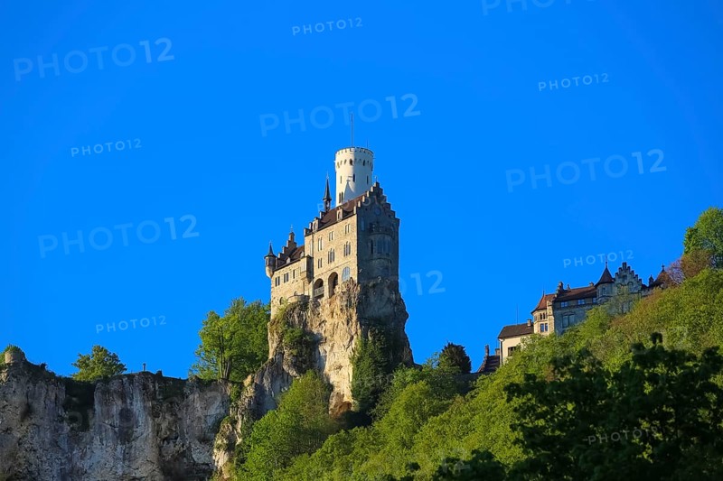 Lichtenstein Castle, fairytale castle of Württemberg, romantic fairytale castle on the eaves of the Swabian Alb, historicism, architecture, new building 1840-1842, according to plans by the architect Carl Alexander Heideloff, 19th century, Honau, municipality of Lichtenstein, Baden-Württemberg, Germany