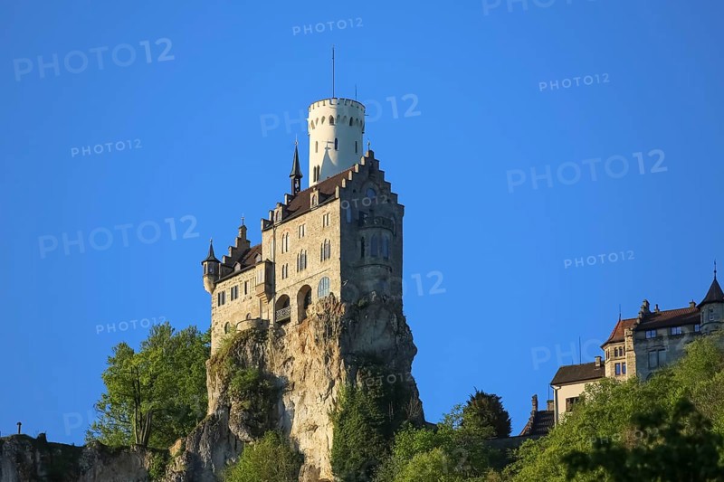 Lichtenstein Castle, fairytale castle of Württemberg, romantic fairytale castle on the eaves of the Swabian Alb, historicism, architecture, new building 1840-1842, according to plans by the architect Carl Alexander Heideloff, 19th century, Honau, municipality of Lichtenstein, Baden-Württemberg, Germany