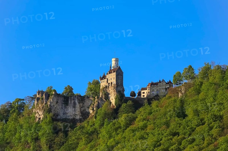 Lichtenstein Castle, fairytale castle of Württemberg, romantic fairytale castle on the eaves of the Swabian Alb, historicism, architecture, new building 1840-1842, according to plans by the architect Carl Alexander Heideloff, 19th century, Honau, municipality of Lichtenstein, Baden-Württemberg, Germany