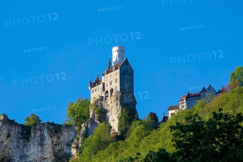 Lichtenstein Castle, fairytale castle of Württemberg, romantic fairytale castle on the eaves of the Swabian Alb, historicism, architecture, new building 1840-1842, according to plans by the architect Carl Alexander Heideloff, 19th century, Honau, municipality of Lichtenstein, Baden-Württemberg, Germany