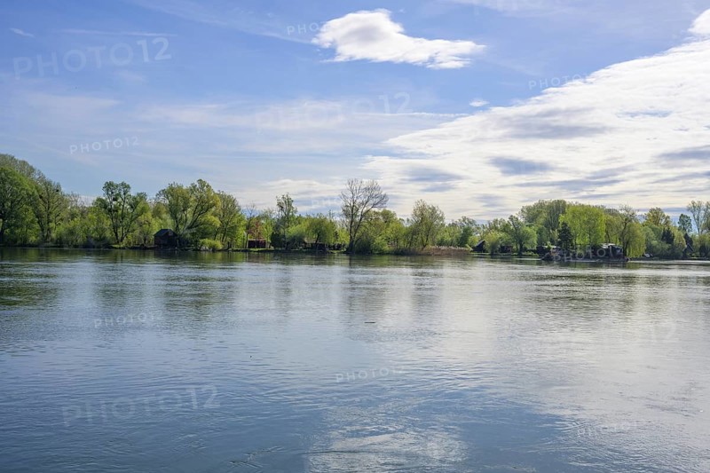 View of the Drava with holiday homes, Varaždin, Varaždin County, Croatia