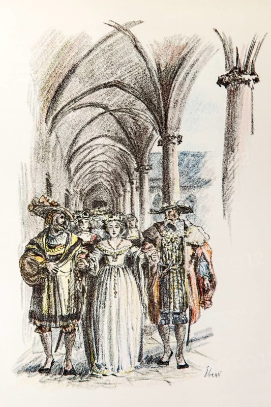 Illustration by Hermann Ebers, 21 June 1881 to 10 February 1955, painter, draughtsman, artist, chalk drawing, novel Lichtenstein by Wilhelm Hauff, publisher Abel und Müller, Leipzig, publisher dissolved in 1983, noblemen, bride, story, saga, Baden-Württemberg, literature, studio, Germany