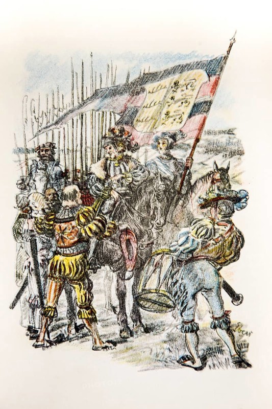 Illustration by Hermann Ebers, 21 June 1881 to 10 February 1955, painter, draughtsman, artist, chalk drawing, novel Lichtenstein by Wilhelm Hauff, publisher Abel und Müller, Leipzig, publisher dissolved in 1983, knight, rider, horses, Duke Ulrich, flag, banner of Württemberg, history, legend, Baden-Württemberg, literature, studio, Germany