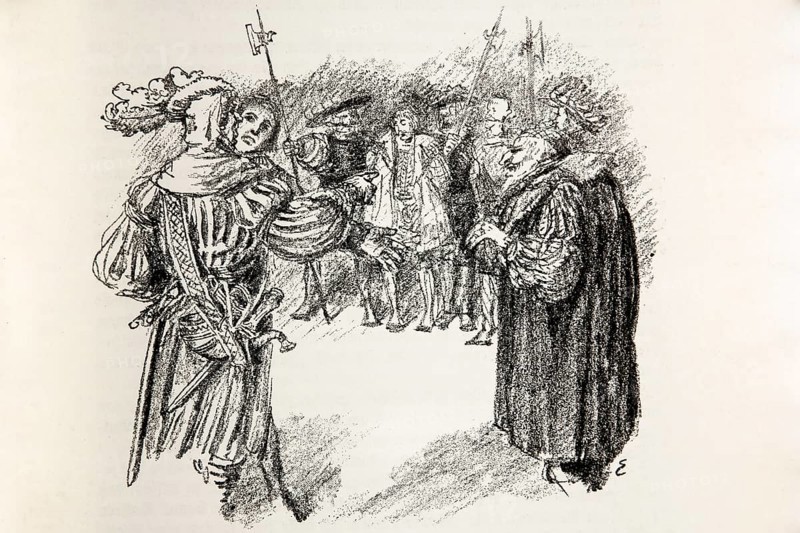 Illustration by Hermann Ebers, 21 June 1881 to 10 February 1955, painter, draughtsman, artist, chalk drawing, novel Lichtenstein by Wilhelm Hauff, publisher Abel und Müller, Leipzig, publisher dissolved in 1983, Duke Ulrich, knight, history, legend, Baden-Württemberg, literature, studio, Germany