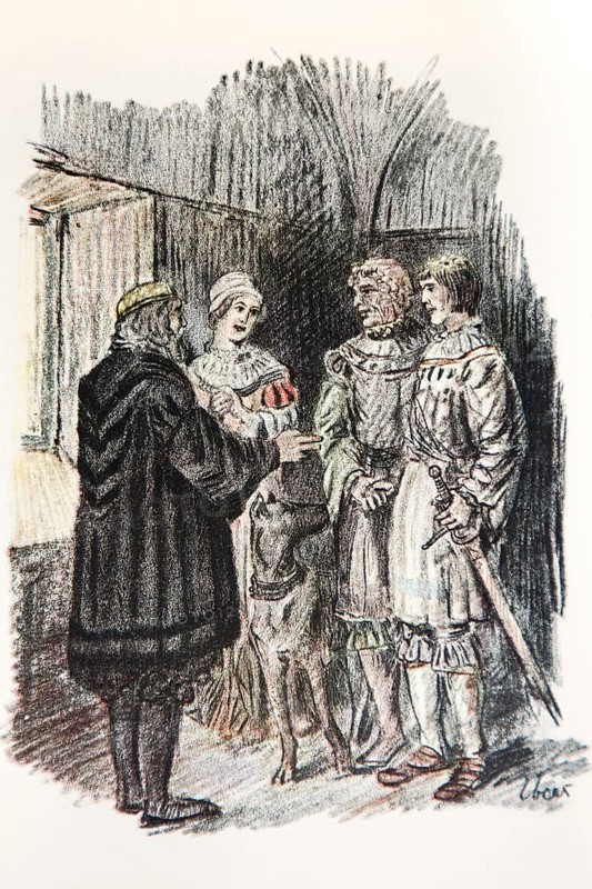 Illustration by Hermann Ebers, 21 June 1881 to 10 February 1955, painter, draughtsman, artist, chalk drawing, novel Lichtenstein by Wilhelm Hauff, publisher Abel und Müller, Leipzig, publisher dissolved in 1983, knight, the outlaw, Duke Ulrich, Marie, Georg von Sturmfeder, Marie's father, sword, dog, story, legend, Baden-Württemberg, literature, studio, Germany