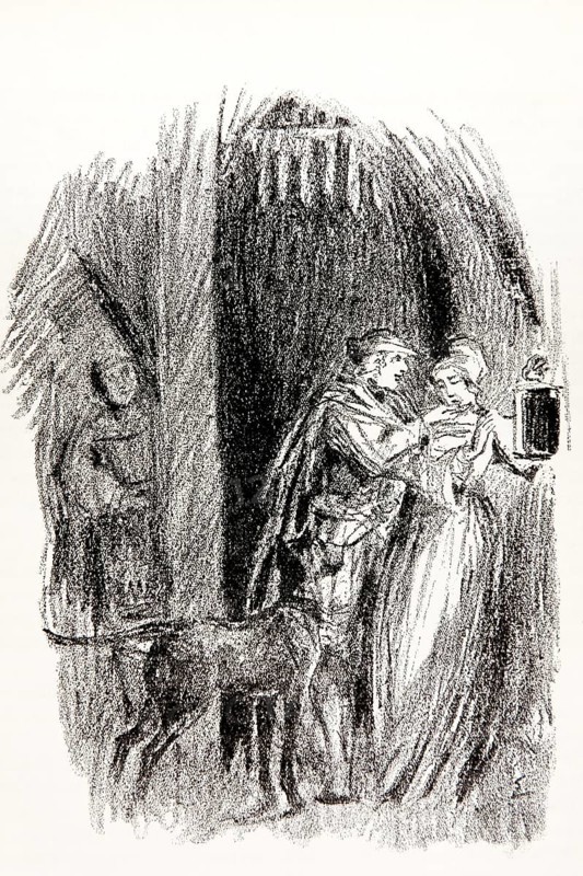 Illustration by Hermann Ebers, 21 June 1881 to 10 February 1955, painter, draughtsman, artist, chalk drawing, novel Lichtenstein by Wilhelm Hauff, publisher Abel und Müller, Leipzig, publisher dissolved in 1983, knight, the outlaw, Duke Ulrich, Marie, Georg von Sturmfeder, dog, story, legend, Baden-Württemberg, literature, studio, Germany