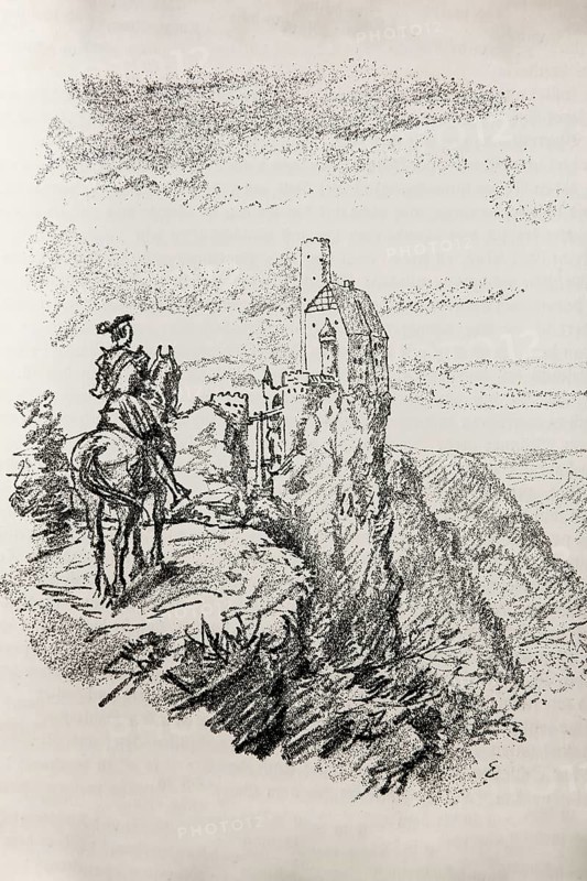 Illustration by Hermann Ebers, 21 June 1881 to 10 February 1955, painter, draughtsman, artist, chalk drawing, novel Lichtenstein by Wilhelm Hauff, published by Abel und Müller, Leipzig, publisher dissolved in 1983, Georg von Sturmfeder, knight, back right Lichtenstein Castle, castle, history, legend, Baden-Württemberg, literature, studio, Germany