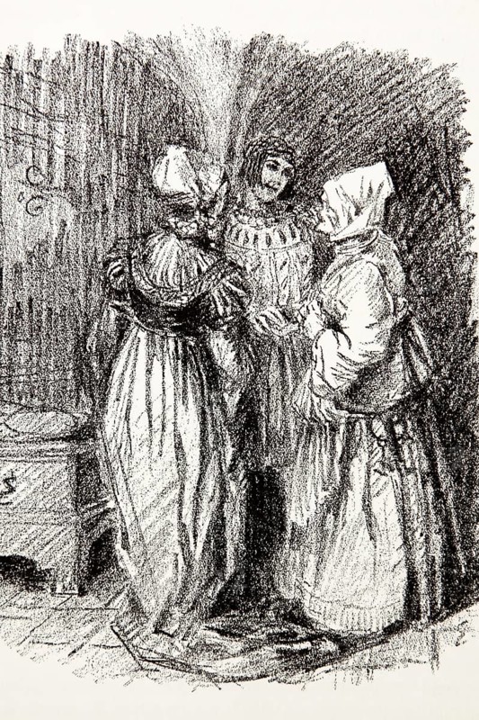 Illustration by Hermann Ebers, 21 June 1881 to 10 February 1955, painter, draughtsman, artist, chalk drawing, novel Lichtenstein by Wilhelm Hauff, publisher Abel und Müller, Leipzig, publisher dissolved in 1983, Georg von Sturmfeder, knight, Frau Rosel, story, legend, Baden-Württemberg, literature, studio, Germany