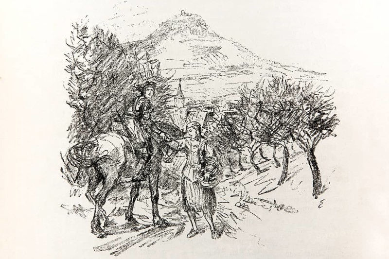 Illustration by Hermann Ebers, 21 June 1881 to 10 February 1955, painter, draughtsman, artist, chalk drawing, novel Lichtenstein by Wilhelm Hauff, published by Abel und Müller, Leipzig, publisher dissolved in 1983, knight on horseback, Georg von Sturmfeder, daughter of the minstrel, behind Achalm, castle, mountain, history, legend, Baden-Württemberg, literature, studio, Germany