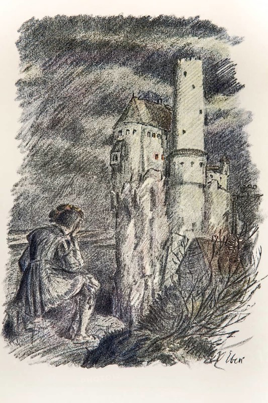 Illustration by Hermann Ebers, 21 June 1881 to 10 February 1955, painter, draughtsman, artist, chalk drawing, novel Lichtenstein by Wilhelm Hauff, publisher Abel und Müller, Leipzig, publisher dissolved in 1983, Georg von Sturmfeder, knight, young nobleman, Lichtenstein Castle, castle, history, legend, Baden-Württemberg, signature, studio, Germany