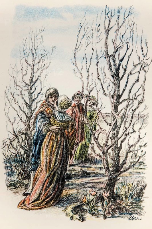 Illustration by Hermann Ebers, 21 June 1881 to 10 February 1955, painter, draughtsman, artist, chalk drawing, novel Lichtenstein by Wilhelm Hauff, publisher Abel und Müller, Leipzig, publisher dissolved in 1983, Georg von Sturmfeder, Marie, story, legend, Baden-Württemberg, literature, studio, Germany