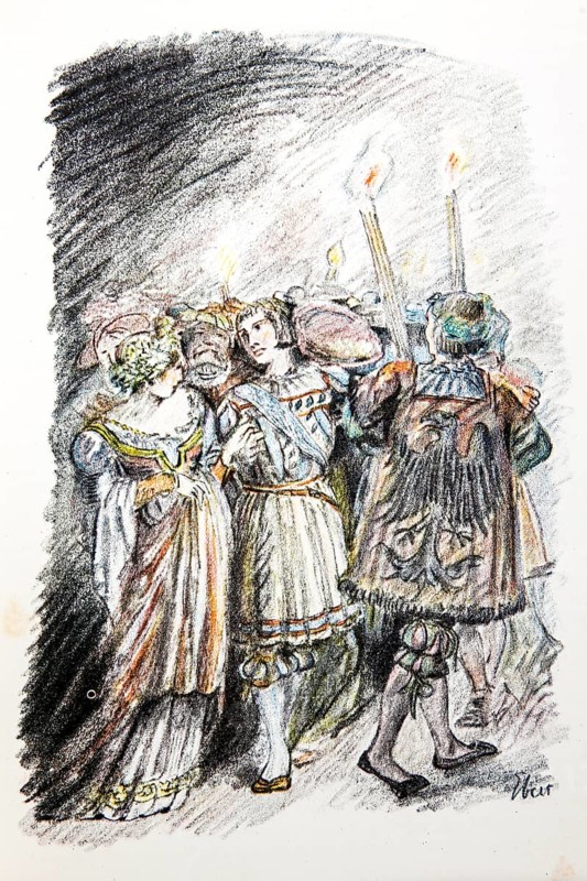 Illustration by Hermann Ebers, 21 June 1881 to 10 February 1955, painter, draughtsman, artist, chalk drawing, novel Lichtenstein by Wilhelm Hauff, publisher Abel und Müller, Leipzig, publisher dissolved in 1983, Marie, Georg von Sturmfeder, story, legend, Baden-Württemberg, literature, studio, Germany