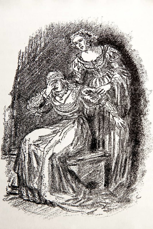 Illustration by Hermann Ebers, 21 June 1881 to 10 February 1955, painter, draughtsman, artist, chalk drawing, novel Lichtenstein by Wilhelm Hauff, publisher Abel und Müller, Leipzig, publisher dissolved in 1983, Marie and Berta, crying, story, legend, Baden-Württemberg, literature, studio, Germany