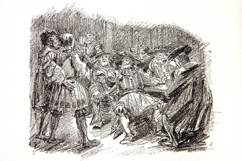 Illustration by Hermann Ebers, 21 June 1881 to 10 February 1955, painter, draughtsman, artist, chalk drawing, novel Lichtenstein by Wilhelm Hauff, publisher Abel und Müller, Leipzig, publisher dissolved in 1983, Georg von Sturmfeder, men, history, legend, Baden-Württemberg, literature, studio, Germany