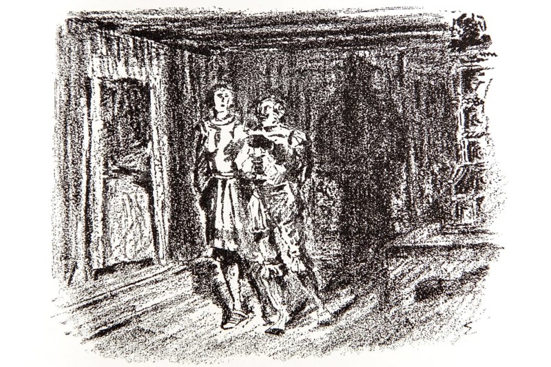 Illustration by Hermann Ebers, 21 June 1881 to 10 February 1955, painter, draughtsman, artist, chalk drawing, novel Lichtenstein by Wilhelm Hauff, publisher Abel und Müller, Leipzig, publisher dissolved in 1983, Georg von Sturmfeder, bedroom, bed, story, legend, Baden-Württemberg, literature, studio, Germany