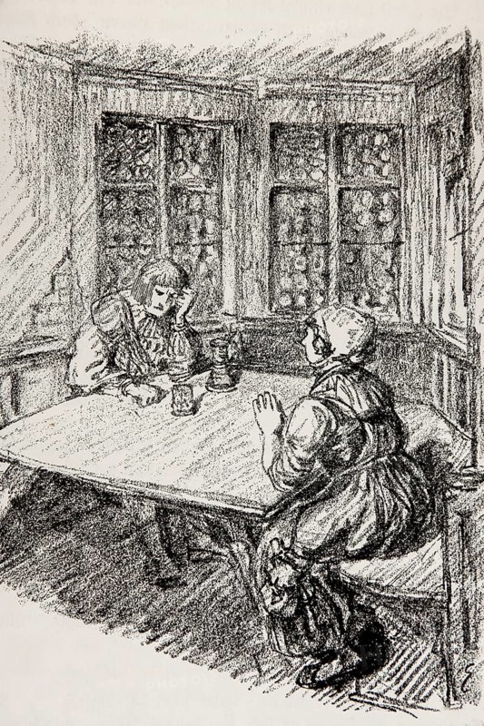 Illustration by Hermann Ebers, 21 June 1881 to 10 February 1955, painter, draughtsman, artist, chalk drawing, novel Lichtenstein by Wilhelm Hauff, publisher Abel und Müller, Leipzig, publisher dissolved in 1983, Georg von Sturmfeder, knight, landlady of the golden stag, history, legend, Baden-Württemberg, literature, studio, Germany