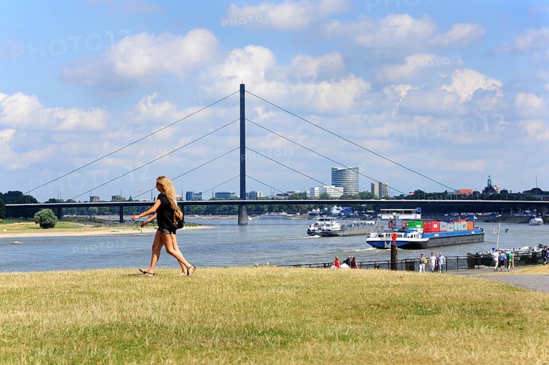 Rhine promenade, boat trip on the Rhine, view of Oberkassel bridge, Düsseldorf, Rhineland, North Rhine-Westphalia, Germany