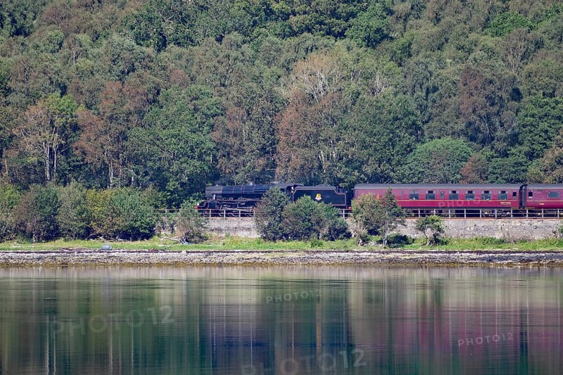 A steam train passes through a wooded area alongside a tranquil body of water, Hogwarts Express, Jacobite Steam Train, Loch Eil, Scotland, Great Britain