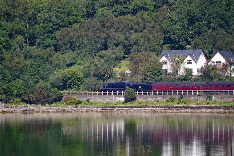 A train travelling along a loch, past houses and a dense green forest, Hogwarts Express, Jacobite Steam Train, Loch Eil, Scotland, Great Britain