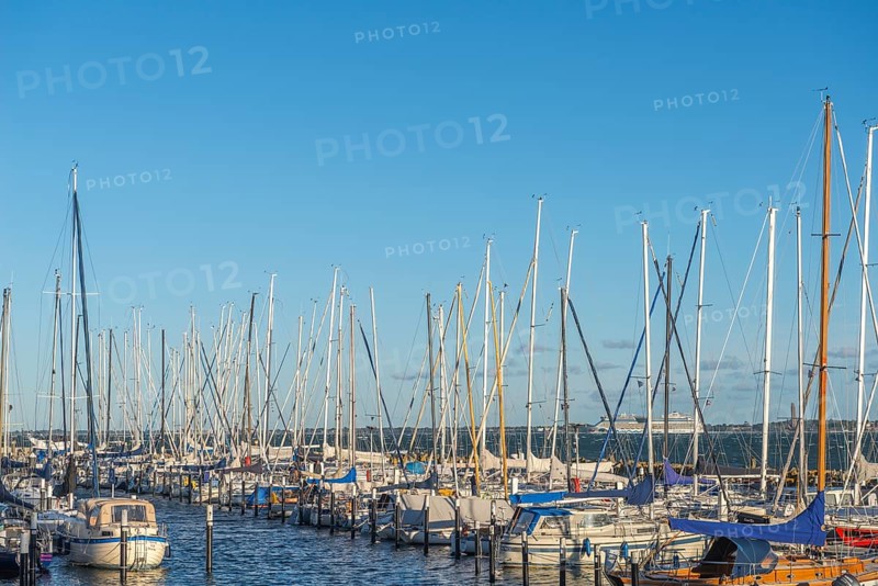 Strande marina near Kiel, Rendsburg-Eckernförde district, AIDA, ship masts, dolphins, Baltic Sea, sailing, leisure activities, water sports, maritime atmosphere, summer, blue sky, sunshine, Bay of Kiel, Schleswig-Holstein, Germany