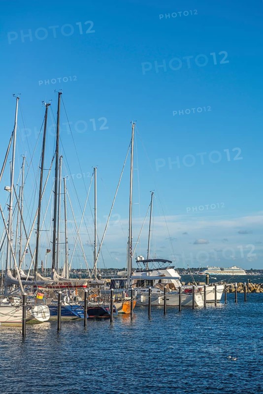 Strande marina near Kiel, Rendsburg-Eckernförde district, AIDA, ship masts, dolphins, Baltic Sea, sailing, leisure activities, water sports, maritime atmosphere, summer, blue sky, sunshine, Bay of Kiel, Schleswig-Holstein, Germany