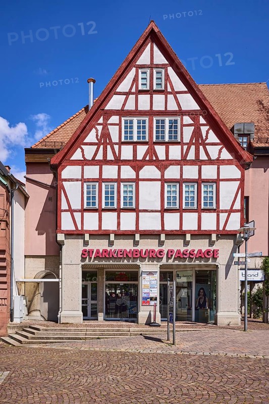 Starkenburg Passage, shopping centre, entrance with stairs, cobblestones, pedestrian zone, half-timbered houses, blue sky, cumulus clouds, Friedrichstraße, Heppenheim, Odenwald, Bergstraße district, Hesse, Germany