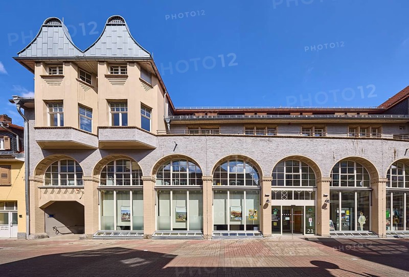 Town hall, town office, town administration, tourist information, building, facade with shop windows, entrance, blue sky, Friedrichstraße, Heppenheim, Odenwald, Bergstraße district, Hesse, Germany