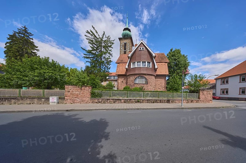 Chapel of the motherhouse St. Vinzent, tower, tower clock, trees, blue sky, cumulus clouds, crossing Neckarstraße with Ernst-Schneider-Straße, Heppenheim, Odenwald, district Bergstraße, Hesse, Germany
