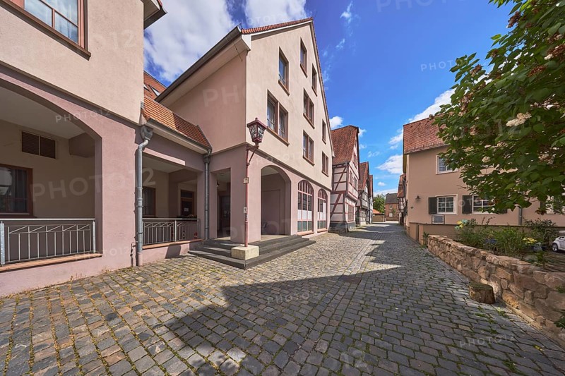 Building, old town, general architecture, half-timbered house, quarry stone wall, cobblestone pavement, tree, blue sky, cumulus clouds, small brook, Heppenheim, Odenwald, Bergstrasse district, Hesse, Germany