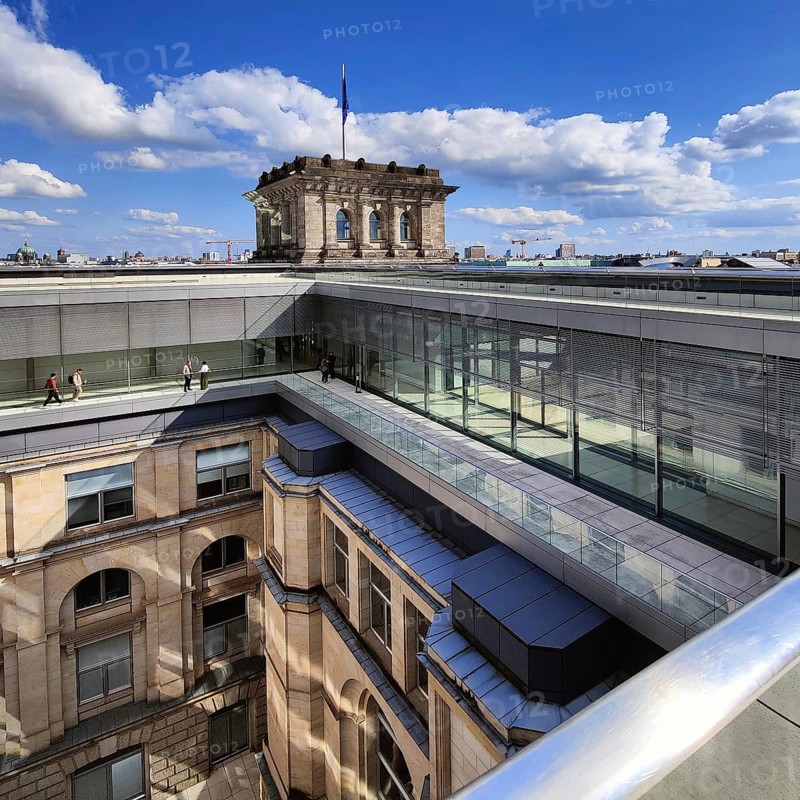 Viewing platform with a view of an inner courtyard and one of the corner towers of the Reichstag building, government district, Berlin, Germany