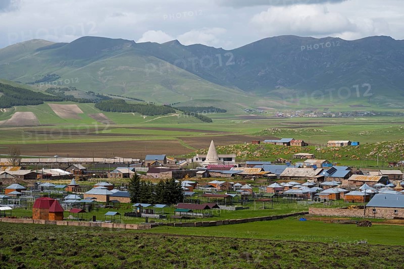 A small village in a green mountain landscape with scattered houses and fields, Yazidi temple, Rya Taza, Ria Taza, Aragatsotn Province, Armenia