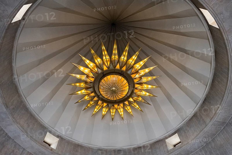 View upwards to a brightly decorated ceiling with a geometric pattern, Yazidi temple, Shekhubekir, Sêxûbekir, Rya Taza, Ria Taza, Aragatsotn province, Armenia