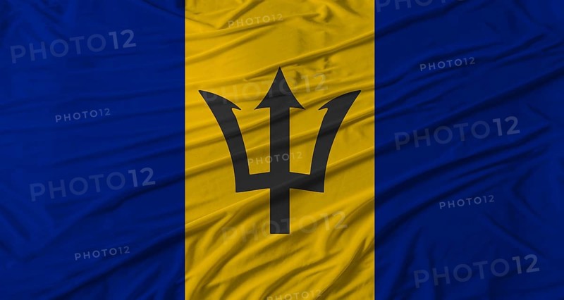 Barbadian flag waving. Flag of Barbados with cloth texture
